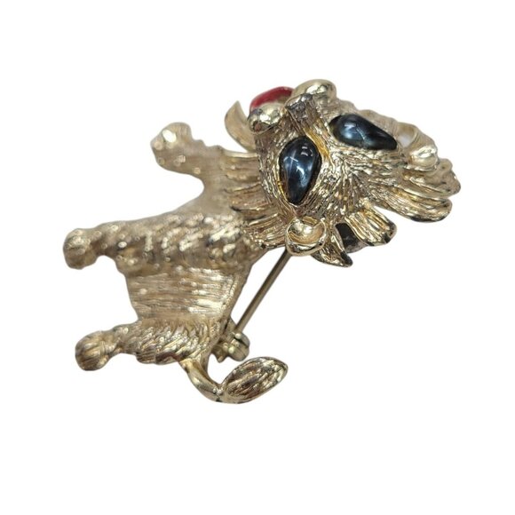 Vintage Lion Trembler Brooch Pin With Blue Eyes & Red Accents Gold-Tone Metal - Picture 5 of 9